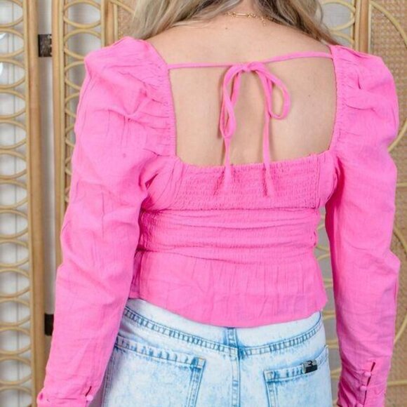 Free People Chloe Cropped Top Solid Ruffle Puffed Sleeves Smocked L New 272714 - Picture 5 of 12